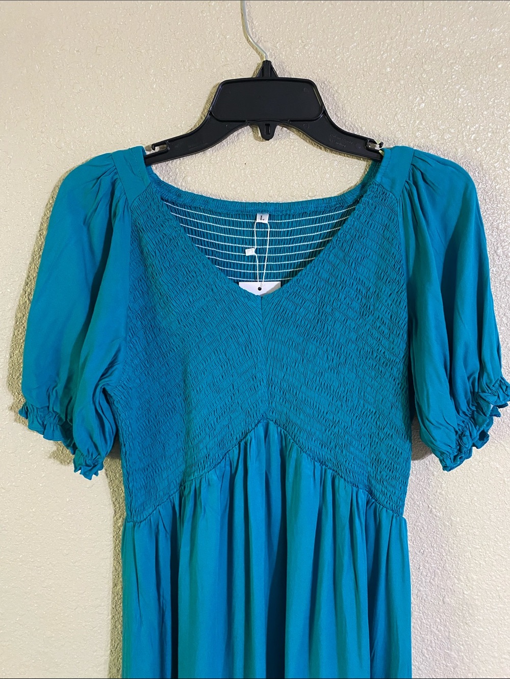 Turquoise Ruched Bodice with Ruffle Hem Midi Dress Size L - Picture 2 of 10